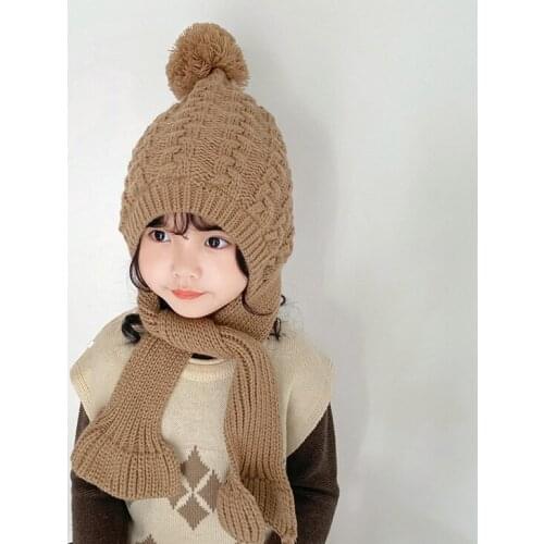 Winter baby girl warm knitted inner brushed bomber hat with scarf 2-7 years girls fashion woolen yarn caps