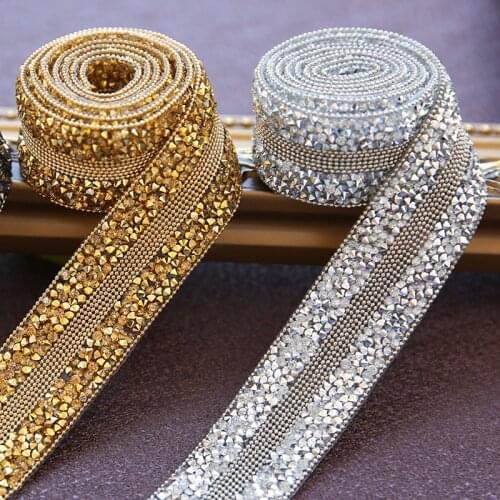 0.5meter/lot 3cm 3color Hot Diamond Gold Ribbons Dress Clothes Decoration Rhinestone Chain Net Drill Strip X120
