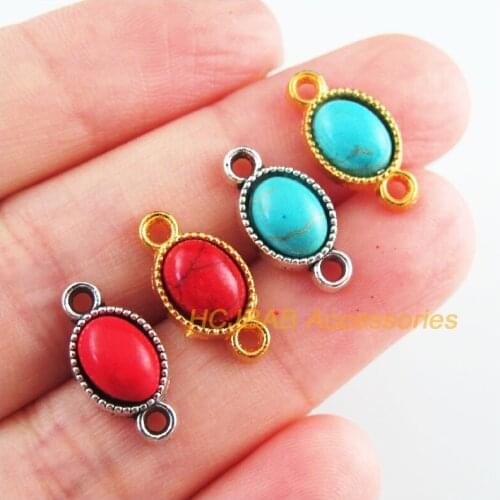 25Pcs Retro Gold Color Tibetan Silver Tone Oval Blue&Red Stone Charms Connectors 8.5x16.5mm