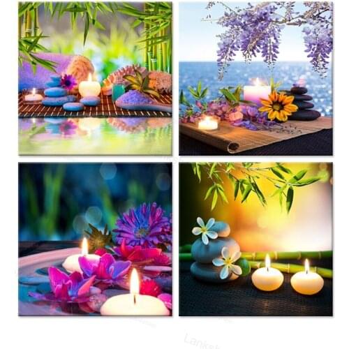 Purple Orchid Flower Bamboo Stone 4 Pieces Art Work Canvas Prints Zen Art Wall Decor Spa Massage Treatment Painting