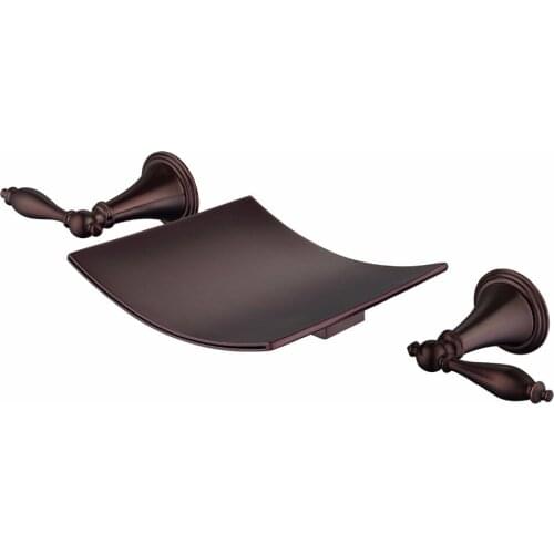 Free ship Modern Oil rubbed bronze ORB Waterfall Wall Mount Bathroom Bath Widespread Sink Faucet mixer Tap double lever handles