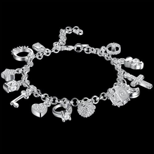 Hot solid 925 sterling silver Bracelets for woman crystal Heart star cross Pendant Wedding party Christmas Gifts fashion Jewelry