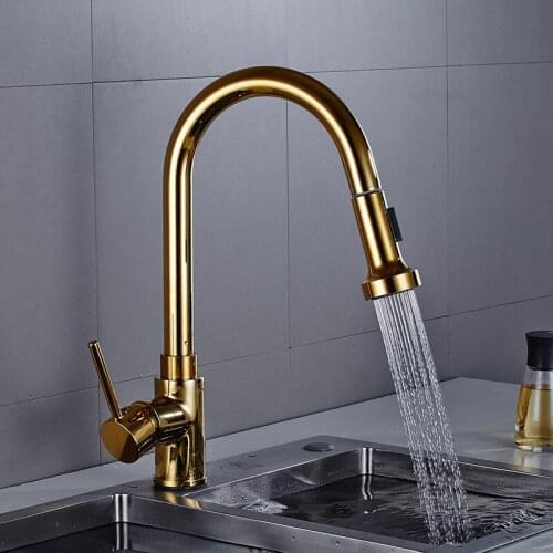 Kitchen Sink Faucet Hot & Cold Solid Brass Gold/Black Sink Mixer Tap Pull Out Multi-Function Rotating Single Handle Deck Mount
