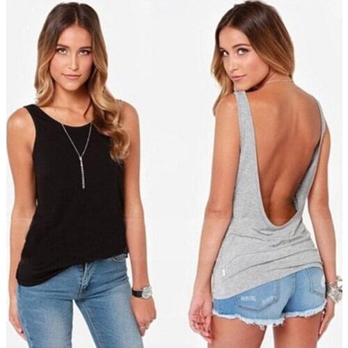 Sexy Backless Tank Tops Women Summer O Neck Deep V Back Clubwear Beachwear Slim Ladies Vest Casual Sleeveless Tee