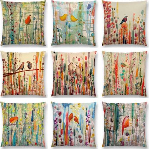 Lovely Watercolor Little Birds Cute Colorful Flowers Clusters Warm Floral Woods Happy Life Cushion Cover Sofa Throw Pillow Case
