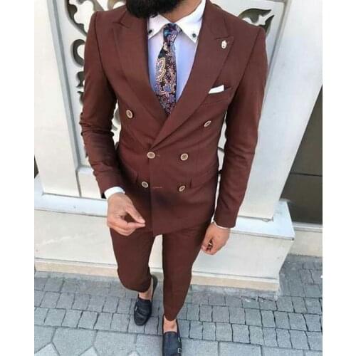 2017 Latest Coat Pant Designs Brown Men Suit Slim Fit 2 Pieces Groom Tuxedo Custom Double Breasted Suits Prom Blazer Masculino
