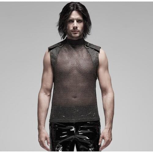 PUNK RAVE Mens Punk See-through Sleeveless Non-elastic Mesh Vest Sexy Slim Fit Stage Performance Tanks Top with Metal Zipper