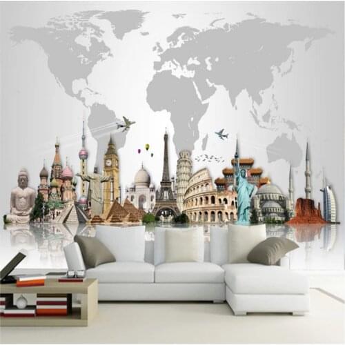 Wall Paper 3D World Famous Architecturals Landmark Building Map or Planks Background Mural Wallpaper for Living Room Bar Decor