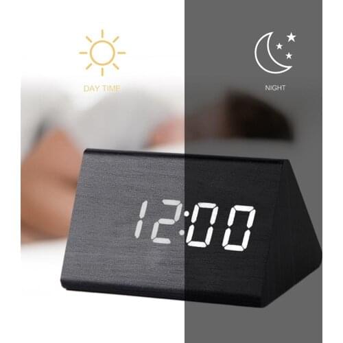 Desktop Decor Sound Control USB Rechargeable LED Digital Wooden Alarm Clock