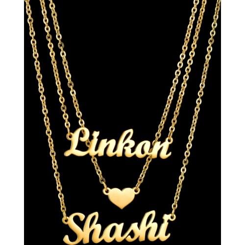 Acheerup New Trendy Three-Layer Necklace Customized Double Names Heart Pendant Personalized Nameplate Chain Jewelry Couple Gifts