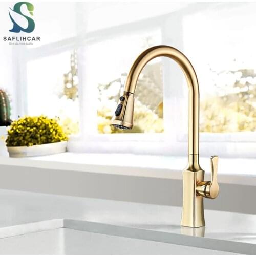 Luxury Brushed Gold Kitchen Sink Faucet Single Handle Pull Out Hot and Cold Water Mixer Faucet Kitchen Tap Wall Mount