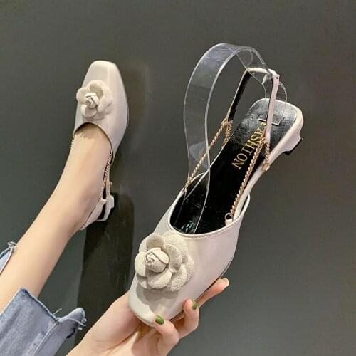 New Style Square Head Low Heel Flower Pure Color Ladies Sandals Elegant Shallow Mouth Ladies Single Shoes Summer Hot Sale