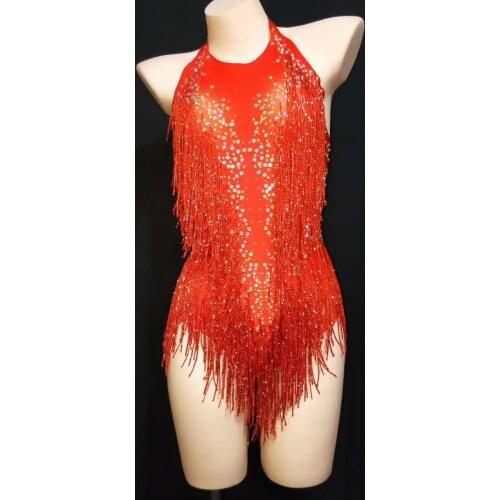 Sexy Tassels Rhinestones Jumpsuit Female Singer Dancer Costume Sexy One Piece Stretch Bodysuit Nightclub Outfit Party Show Wear