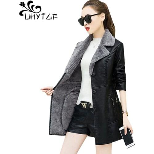 UHYTGF Plus velvet winter leather female quality pu leather Windbreaker women temperament Slim 3XL plus size coat deri ceket 425