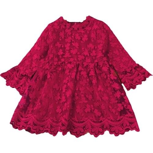 Girls Spring Summer Dress Long Sleeve Lace Patchwork Party Costume Baby Girl Red Tutu Gown Kids Casual Clothes