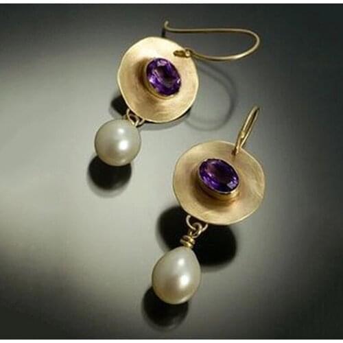 Vintage Gold Simulated Pearl Drop Earring Purple Crystal Disc Pendant Dangle Earrings for Women Elegant Fashion Boho Jewelry