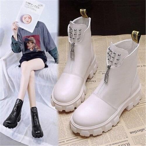 Winter Warm Chunky Heel Platform Creepers Boots Women Patent Leather Front Zip Combat Motorcycle Biker Shoes Beige Black 35-40