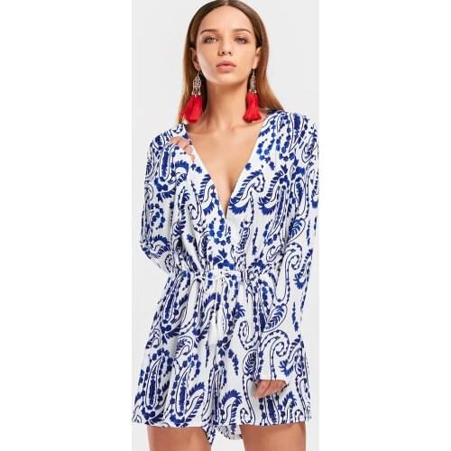 S-XL women v neck long sleeve jumpsuit spring summer backless playsuit floral print short pant playsuit