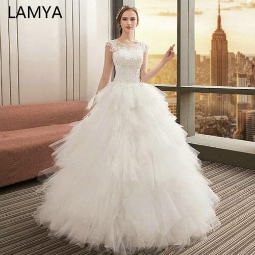 LAMYA TuTu Wedding Dresses O Neck Appliques Bridal Gown Bohemian Long Lace Up Vestido De Noiva White Wed Dress