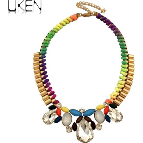 UKEN Bohemia Crystal Rhinestone Resin Flower Choker Necklace Colorful Ribbon Cross Chunky Chain Statement Jewelry For Women