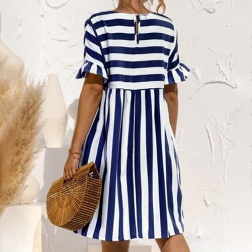 Ruffle Sleeve Striped Dress Summer Patchwork Dress Casual High Waist O Neck Loose Dresses For Women Fashion Beach Vestido 2021
