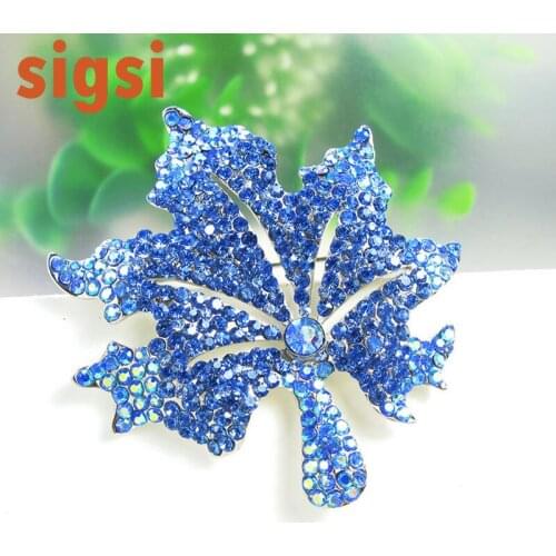2.76H*2.56W inch Silver-Tone BLUE Rhinestone Crystal Maple Leaf Brooch Pin ,Art Decoration Holiday Gifts Favor Costume Jewelry