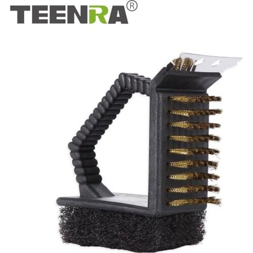 TEENRA 3 In 1 Barbecue Grill Cleaning Brush With Scraper Barbecue Grill Cleaner Cleaning Brush Steel Wire Sponge Shovel Tools