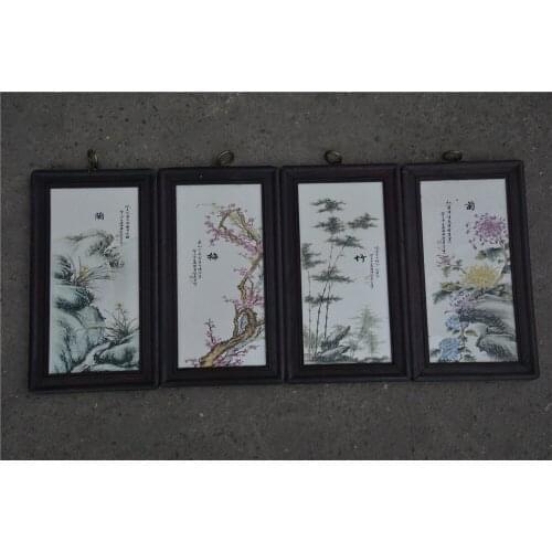 Antique QingDynasty Handmade porcelain brand painting,Bamboo&flower,4 pieces/pack,Hand-painted crafts,best collection& adornment