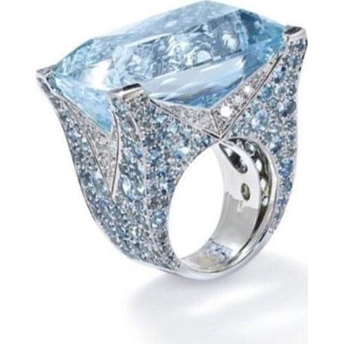 Atmospheric blue square ring Cubic zirconia Female delicate ring Hot new accessories Girl gift jewelry Simple personality