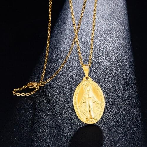 Mens gold Virgin Mary Jesus Oval Pendant Necklace stainless steel St. Benedict Virgin Mary Necklace Jewelry