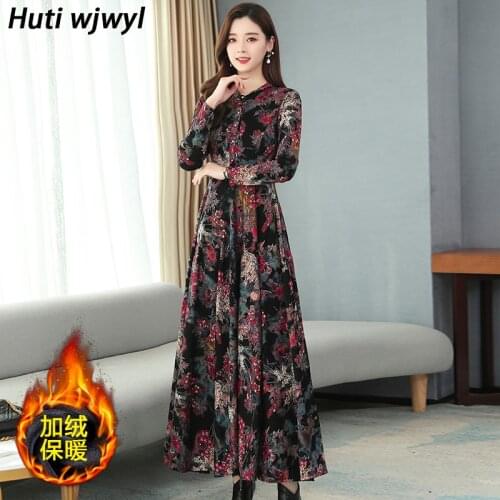Chinese Style Elegant Women Vestidos 2021 Vintage Velvet Warm Thicken Shirt Dress Autumn Winter Bodycon Party Print Maxi Dresses