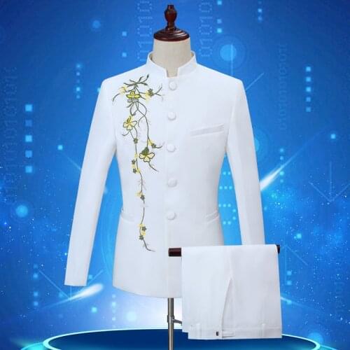 Mens Chinese Tunic Suit 2PCS Single Breasted Embroidered Costume Slim Fit Set