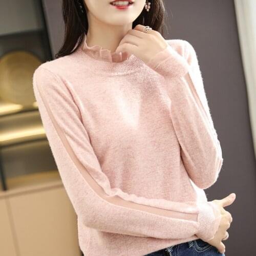 100% pure wool autumn and winter new female fungus petal collar pullover sweater lace stitching slim knit bottoming shirt