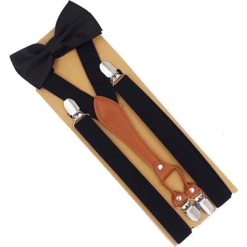 New Suspenders Set leather 4 Clips Braces with Bow Tie Vintage Casual Suspensorio Trousers Black Strap Tirantes