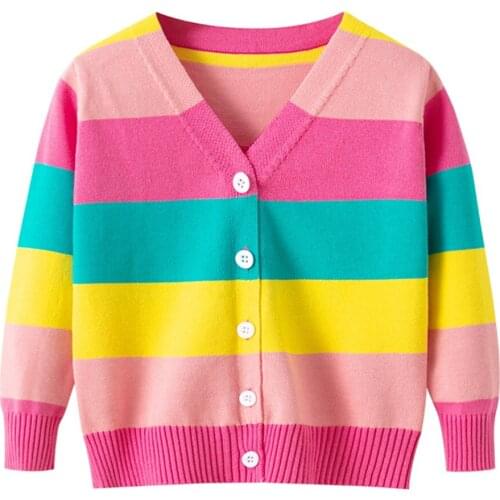 Autumn Spring Baby Girl Cardigans Rainbow Color Stripe Printed Cardigans Sweater Coat Outwear Cute Kids Toddler Clothing