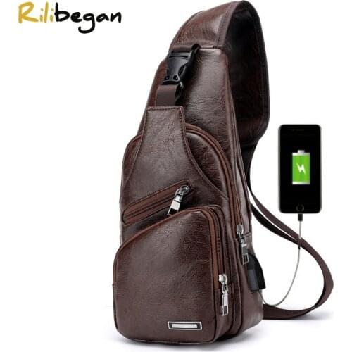 Casual Men Chest Bag High Quality Leather PU Crossbody Hand Bag for Men USB Charging Travel Men Bag Fashion Handbag Male Bag