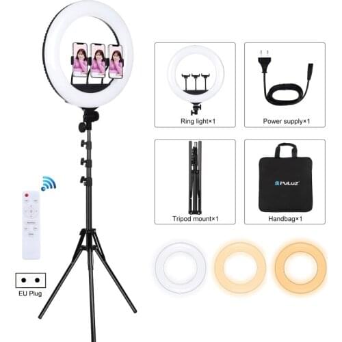 PULUZ 18 inch 46cm Ring Light + 1.8m Tripod Mount USB 3 Modes Dimmable White Light LED Curved Surface Ring Vlogging Photography