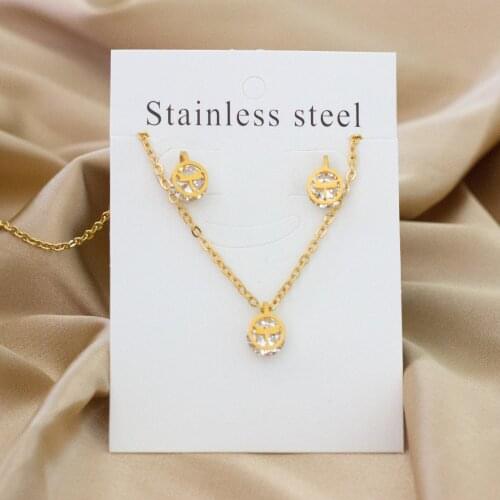 Round Pendant Dragonfly Pattern Necklace and Stud Earrings Jewelry Set Cubic Zirconia for Girl Women Stainless Steel Gift