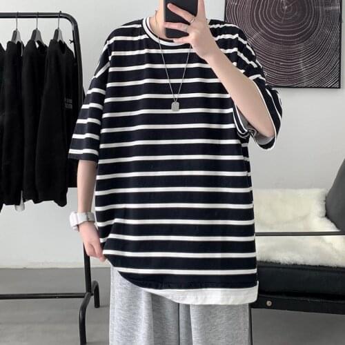 Harajuku Oversized Loose Striped Men T-Shirt Summer Short Sleeve High Quality Cotton T-Shirt Simple College Style Couple Clothes