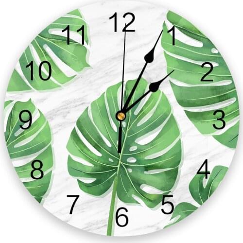 Tropical Leaves Marble Background Clocks Wall Home Decoration Modern Kitchen Teen Room Bedroom Living Room Decor Wall Clock