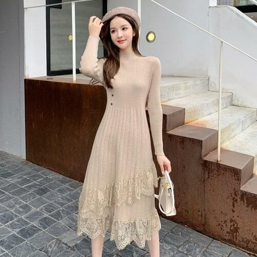 Vintage Lace Stitching Knitted Dress 2021 Autumn Winter Fashion Casual Womens Half Turtleneck Sweater Dress