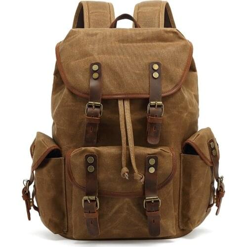 Vintage Canvas Backpack for Men Leather Rucksack Large Laptop Bags School Work Military Army Shoulder Knapsack Travel Hiking Bag