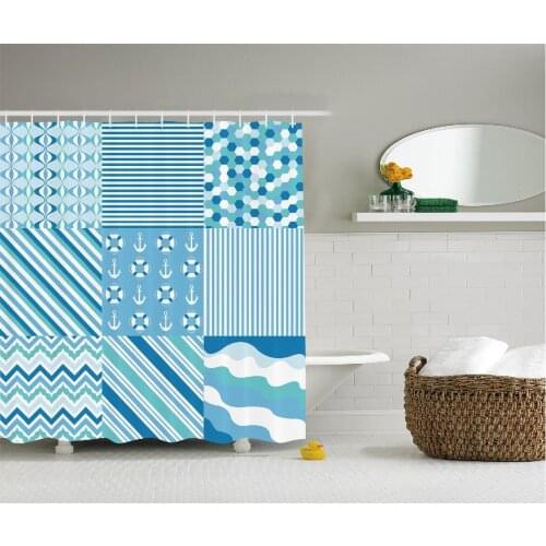 Baby Shower Nautical Dots Stripes Shower Curtain Zig Zag Chevron Wavy Anchor Life Belt Bath Curtains For Bathroom Bathtub