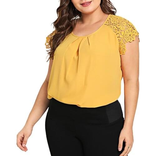Plus Size 5XL Blouse Fashion Women Solid O-Neck Floral Shirt Women Lace Shoulder Shirt Tops Blouse Large Size Loose Tops A20