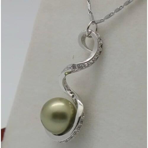 Ladys silver plated beautiful 12mm army green shell pearl bead pendant for Valentines gift