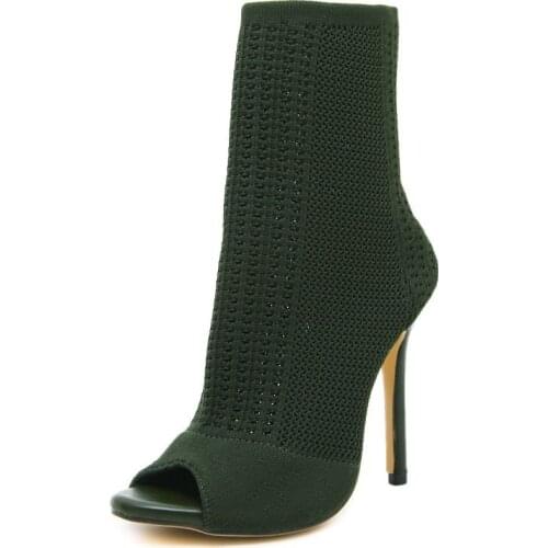 Womens Boots Green Elastic Knit Sock Boots Ladies Open Toe High Heels Fashion Kardashian Ankle Boots Women Pumps
