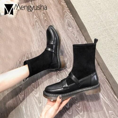 Lolita leather ankle boots women stretch fabric tube winter botines mujer 2020 designer belt buckle short chelsea booties size43
