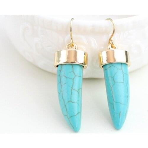 Hot Green kallaite Natural Stone Earrings Horn Shape Gold Color Brincos Pendientes Jewelry for Women