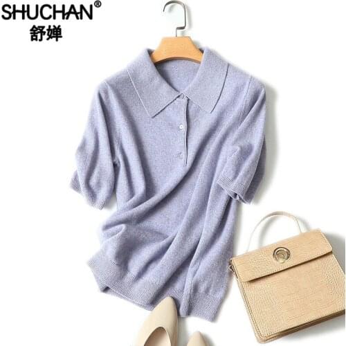 Shuchan 100% cashmere sweater women warm Office Lady Turn-down Collar Pullovers sweaters fashion 2019 women autumn new 19131