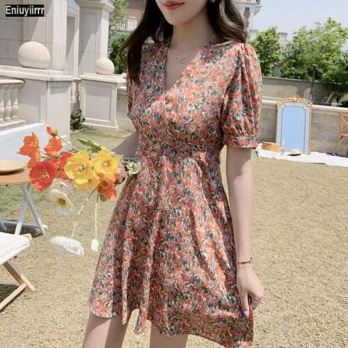 V Neck Floral Print Vintage Dress Hot Sales Women Summer Short Dresses Purple Pink